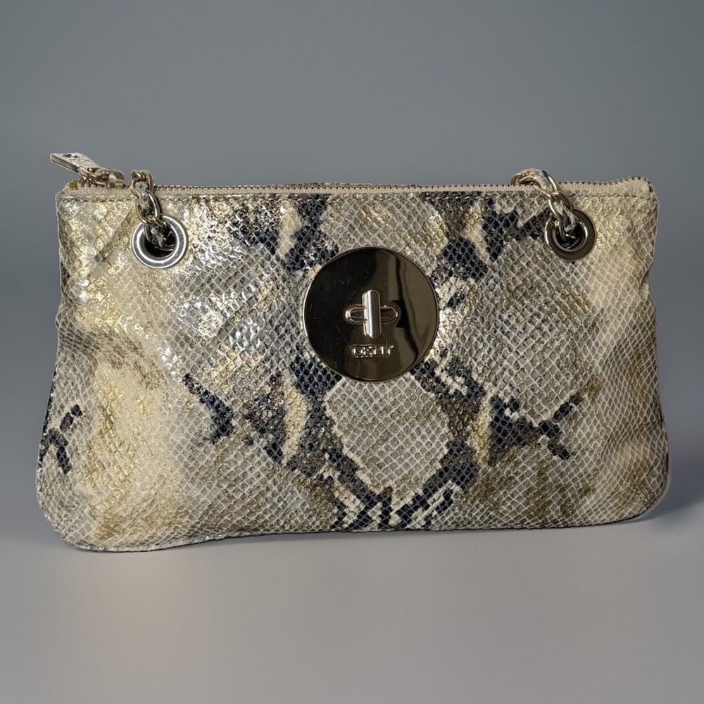 DKNY Python Snakeskin Print Leather Handbag Purse Bag Metallic Gold Accents EUC